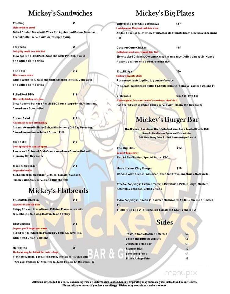 Mickey's Bar & Grill - Fallston, MD menu_pic