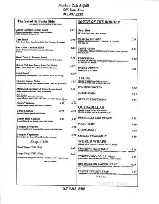 Mocha's Cafe & Grill - San Francisco, CA menu_pic