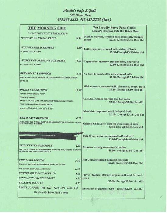Mocha's Cafe & Grill - San Francisco, CA menu_pic