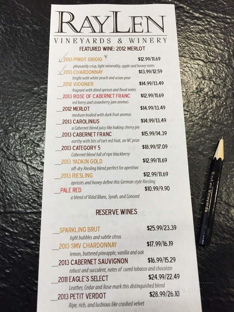 RayLen Vineyards & Winery - Mocksville, NC menu_pic