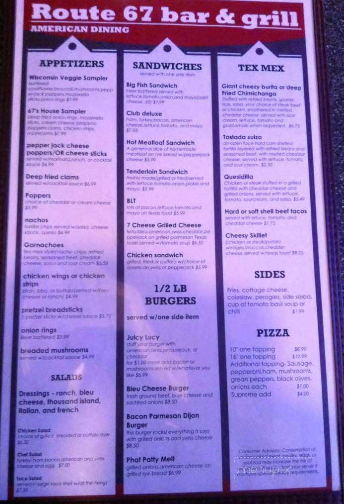 Route 67 Bar & Grill - Mooresville, IN menu_pic