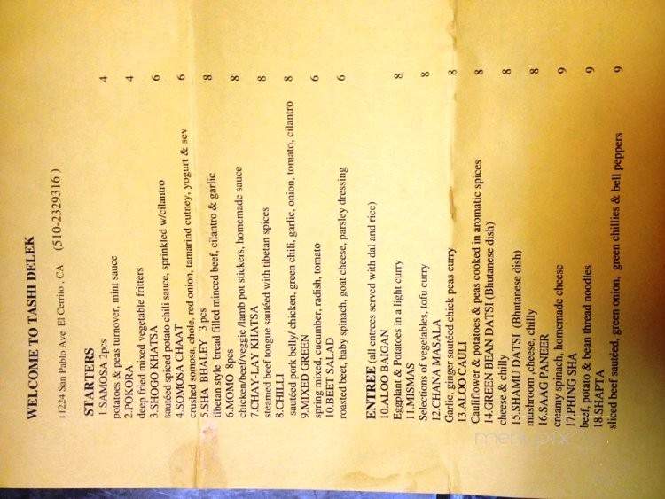 Tashi Delek - El Cerrito, CA menu_pic