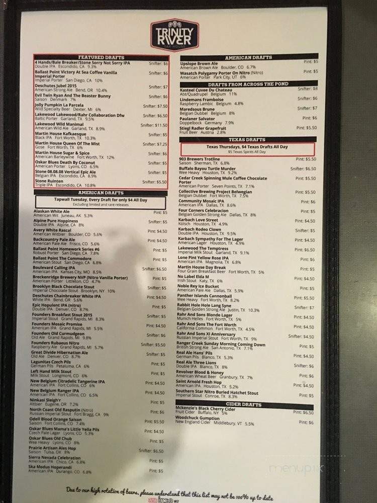 Trinity River Taphouse - Fort Worth, TX menu_pic