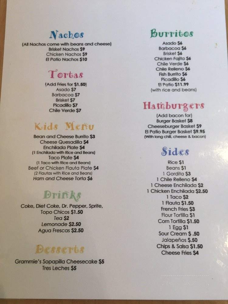 Online Menu Of El Patio Alpine Tx