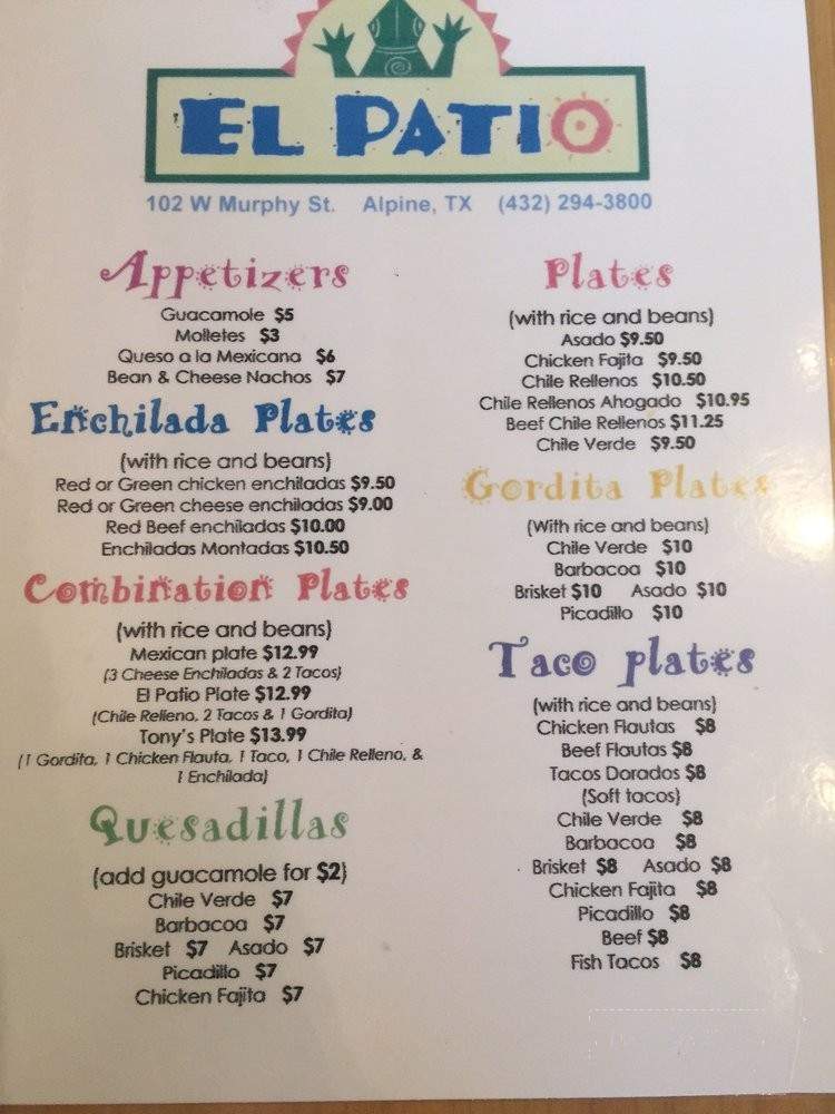 Online Menu Of El Patio Alpine Tx