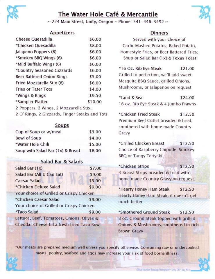 Water Hole Cafe - Unity, OR menu_pic