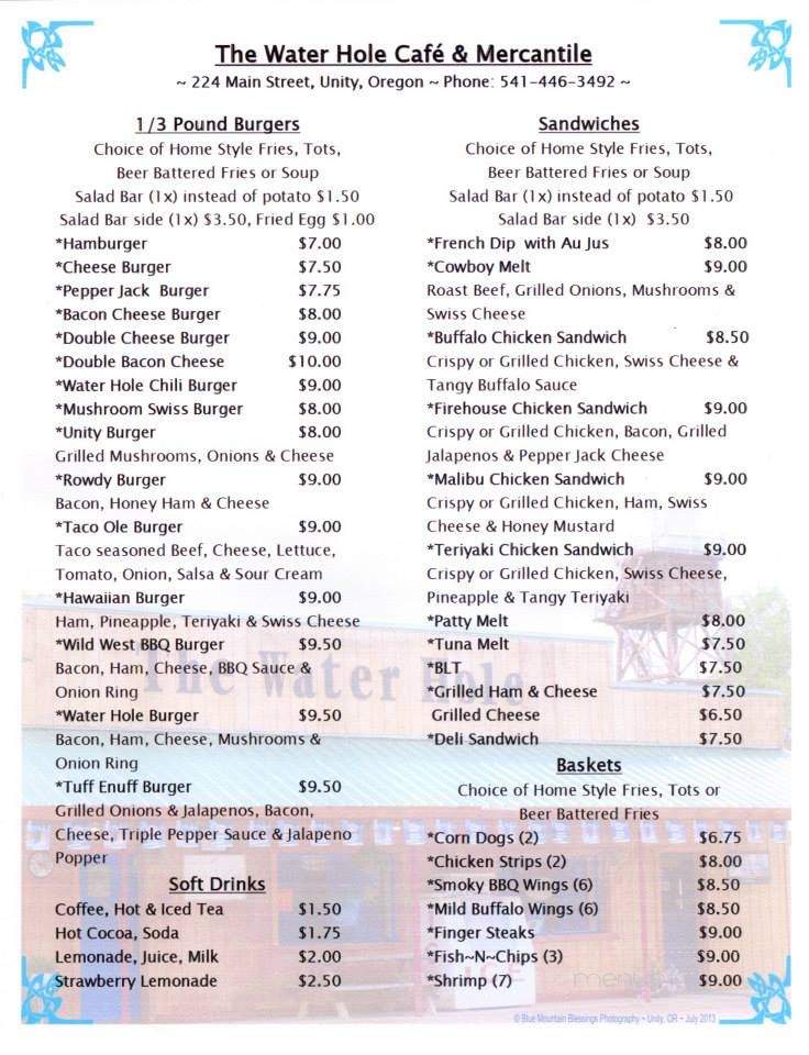 Water Hole Cafe - Unity, OR menu_pic