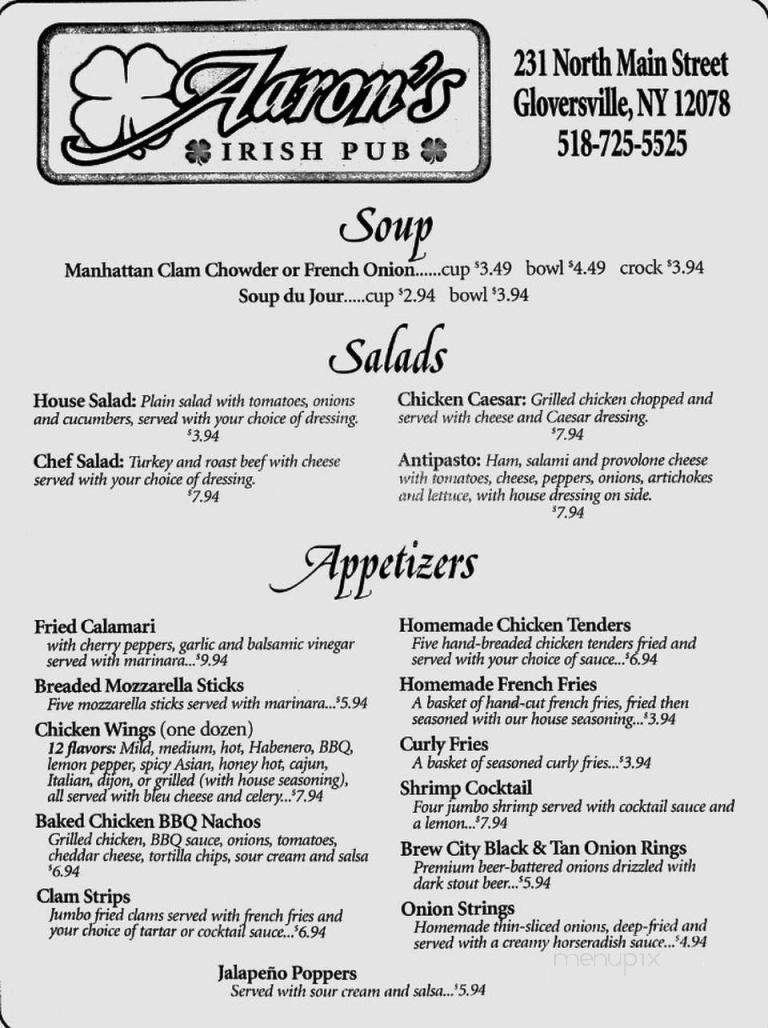 Aaron's Irish Pub - Gloversville, NY menu_pic