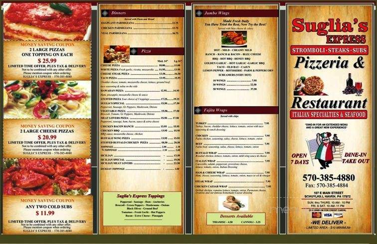 Suglia's Express Pizzeria & Restaurant - Schuylkill Haven, PA menu_pic
