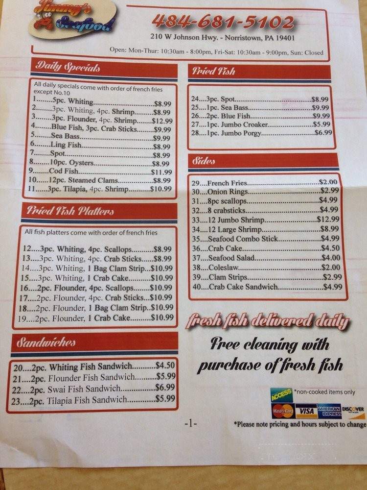 Menu of Jimmies Seafood in Norristown, PA 19401