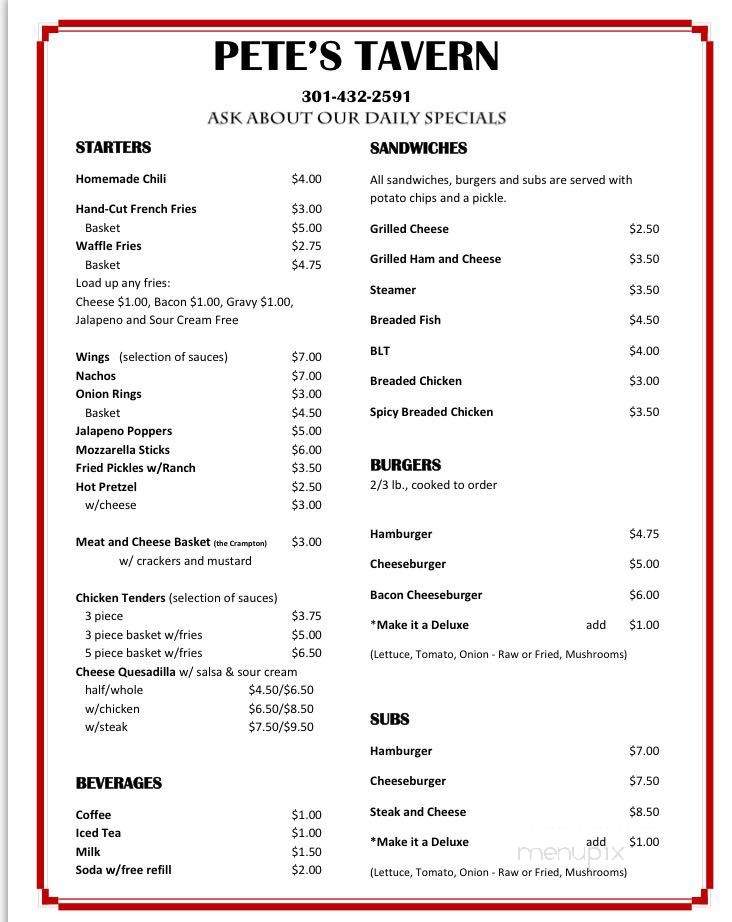 /250399885/Petes-Tavern-Menu-Sharpsburg-MD - Sharpsburg, MD