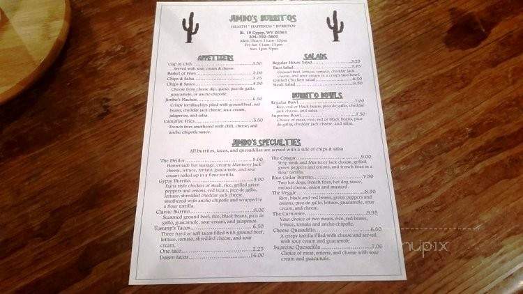 Jimbo's Burritos - Gypsy, WV menu_pic