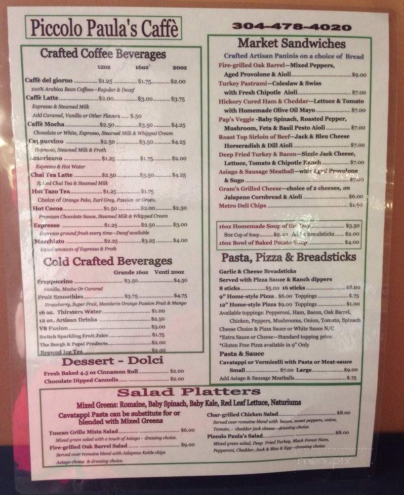 Piccolo Paula's Caffe e Pasticceria - Parsons, WV menu_pic