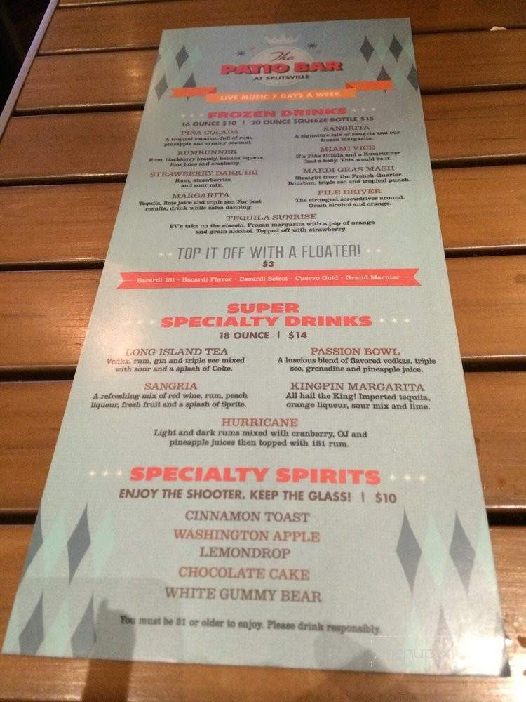 The Patio Bar-Splitsville - Orlando, FL menu_pic