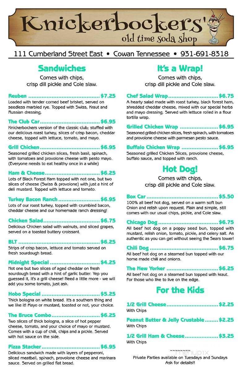 Knickerbockers' Old Time Soda Shop - Cowan, TN menu_pic