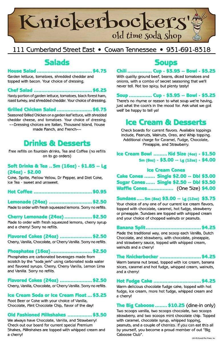 Knickerbockers' Old Time Soda Shop - Cowan, TN menu_pic