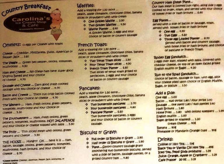 Carolina's Ice Cream Shop & Cafe - Wappapello, MO menu_pic