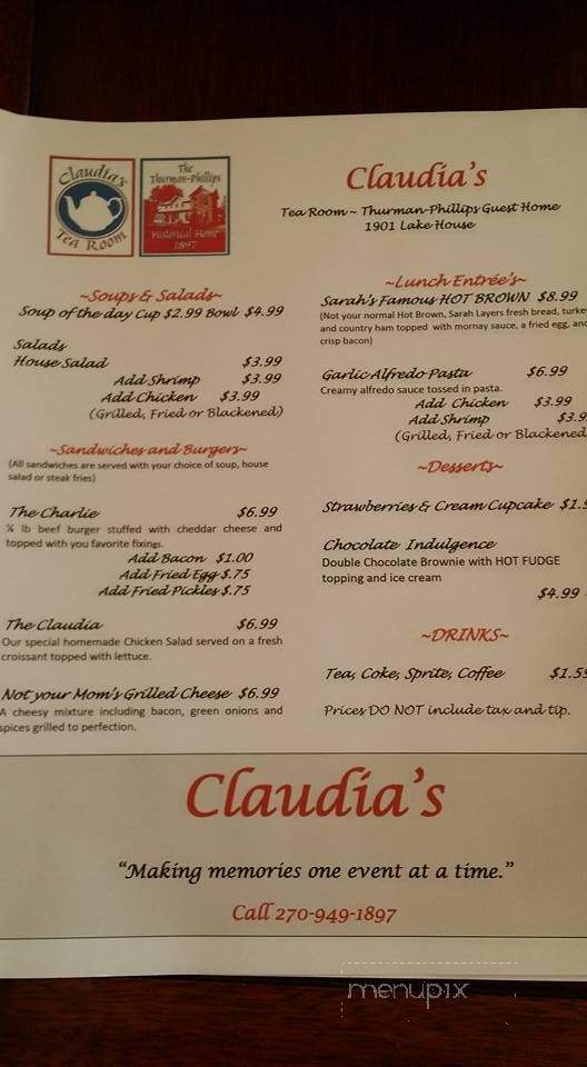 Claudia's Tea Room - Sonora, KY menu_pic