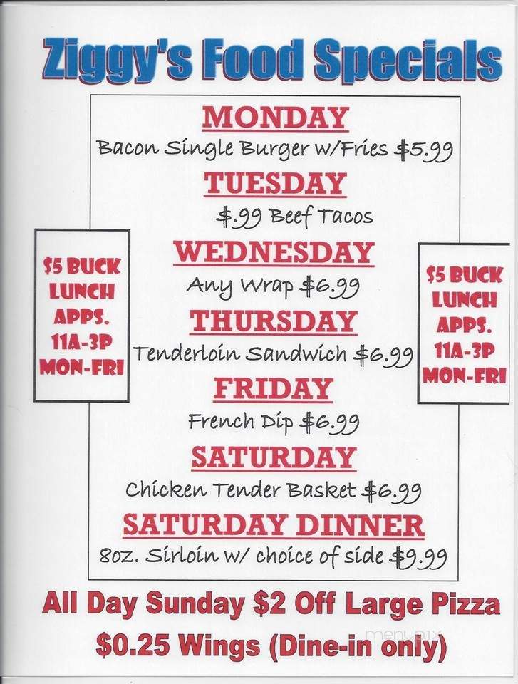 Ziggy's Bar & Grill - Indianapolis, IN menu_pic