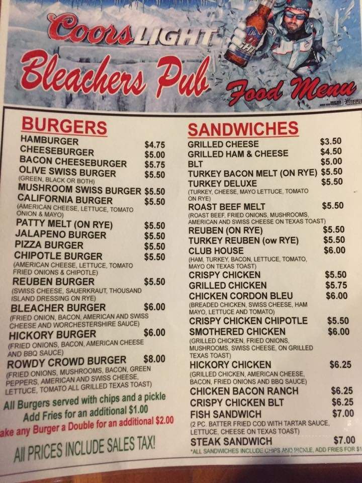 Bleachers Pub - Westby, WI menu_pic