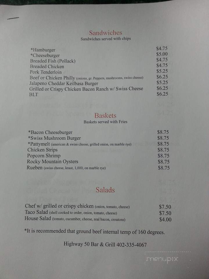 Highway 50 Bar & Grill - Tecumseh, NE menu_pic