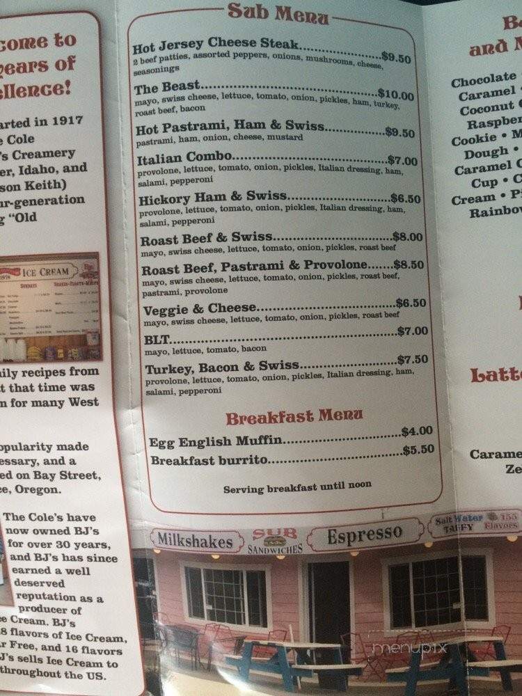 BJ's Old Fashion Ice Cream and Subs - Coos Bay, OR menu_pic