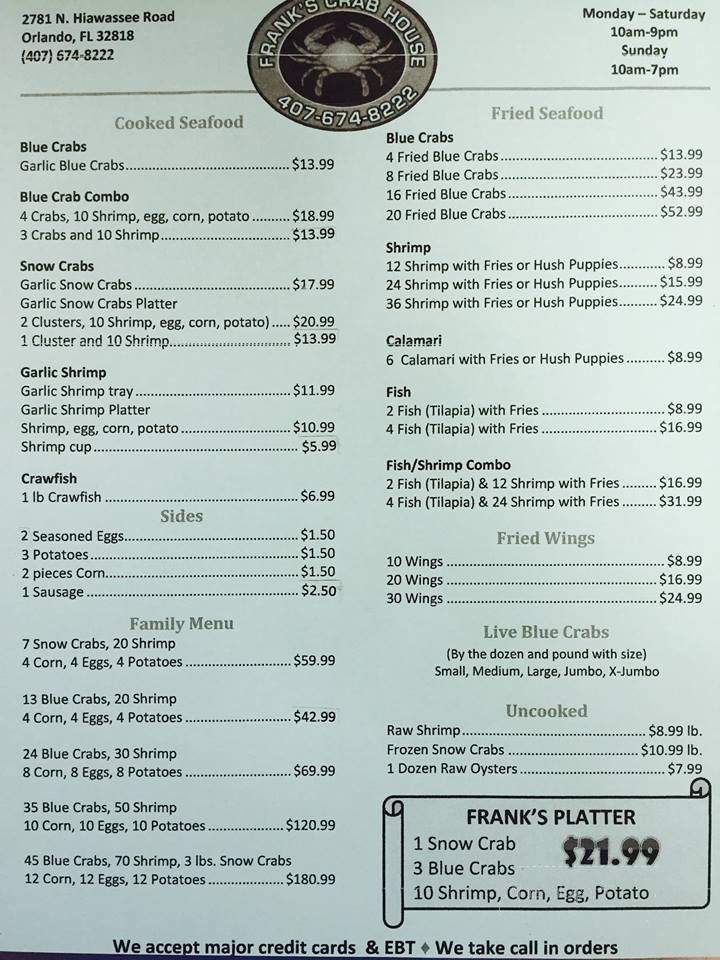 Frank's Crab House - Orlando, FL menu_pic