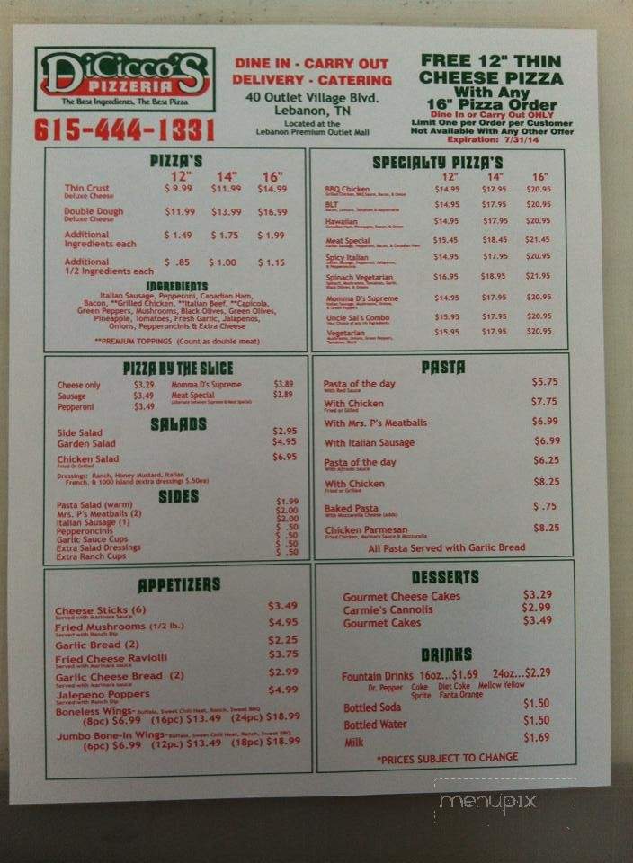 DiCicco's Pizzeria - Lebanon, TN menu_pic