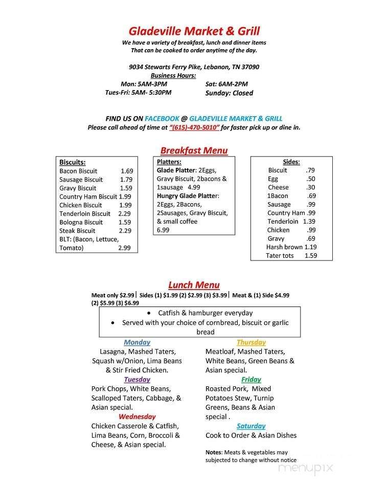 Gladeville Market And Deli - Lebanon, TN menu_pic
