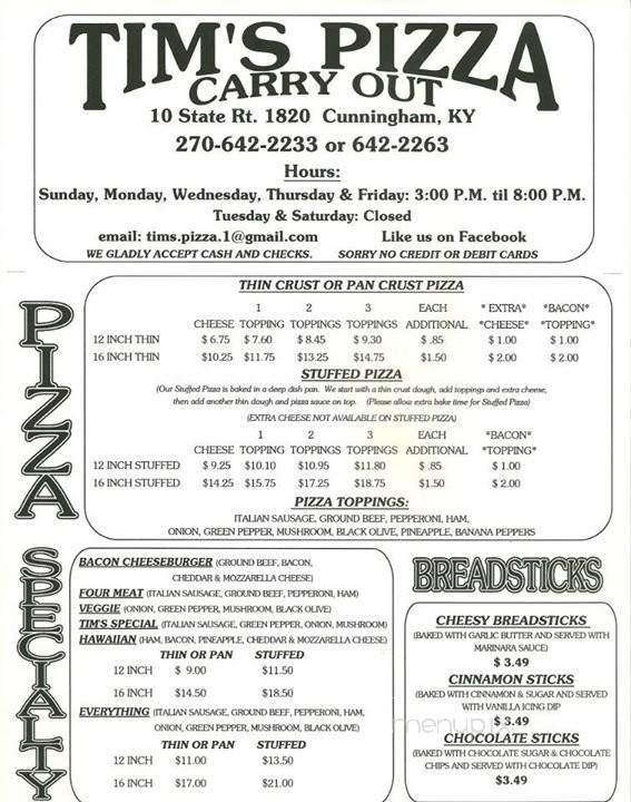 Tim's Pizza - Cunningham, KY menu_pic