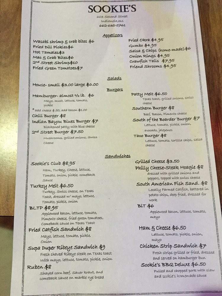 Sookie's - Indianola, MS menu_pic