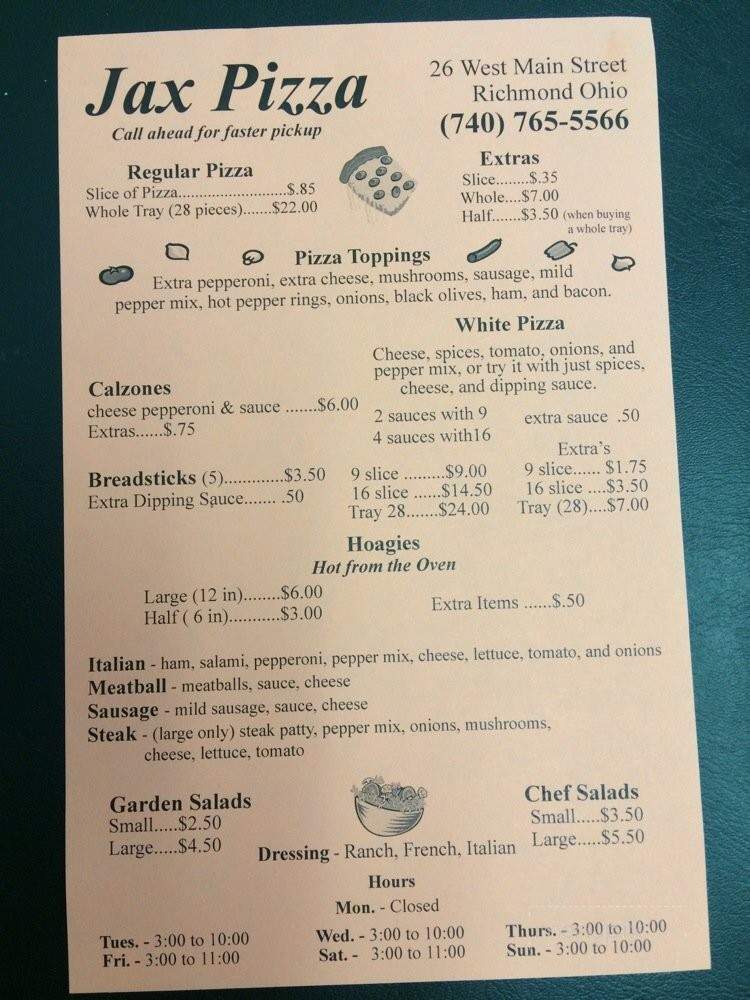 Jax Pizza - Richmond, OH menu_pic