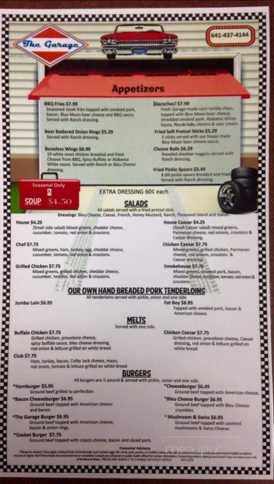 The Garage - Centerville, IA menu_pic
