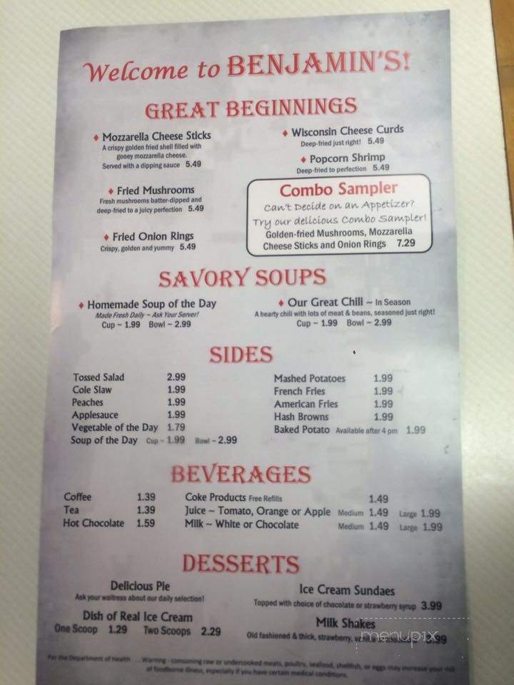 Benjamin's Family Dining - Oconto, WI menu_pic