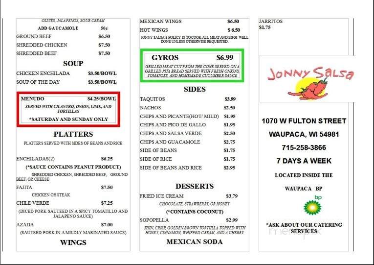 Jonny Salsa - Waupaca, WI menu_pic