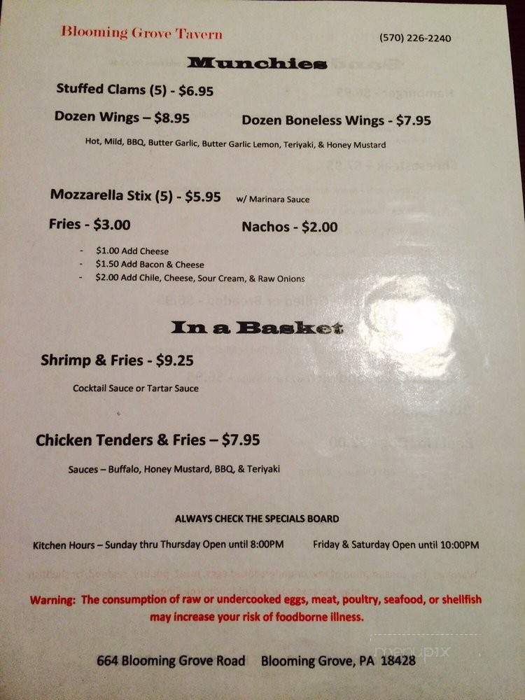 Blooming Grove Tavern - Pike, PA menu_pic