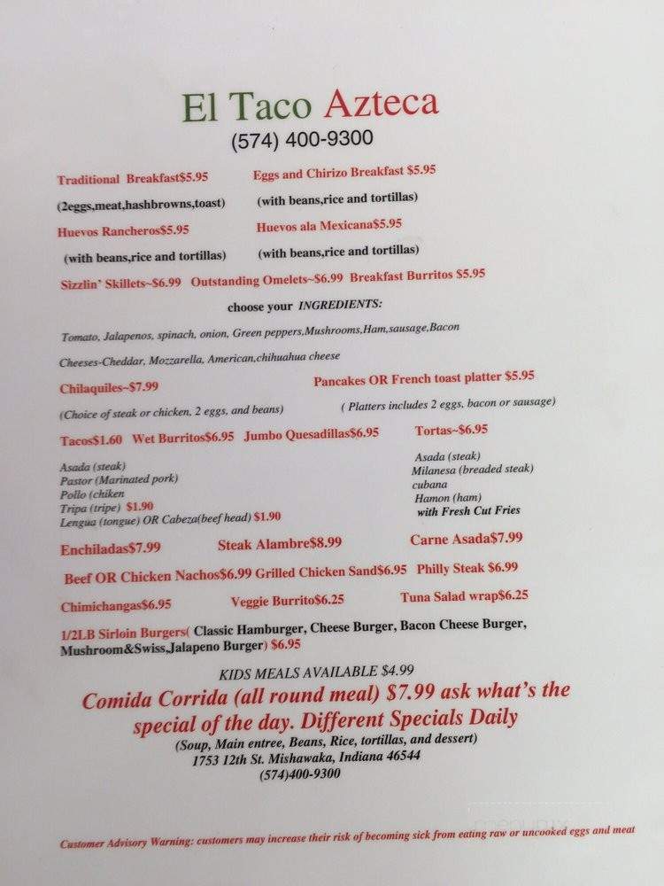 El Taco Azteca - Mishawaka, IN menu_pic