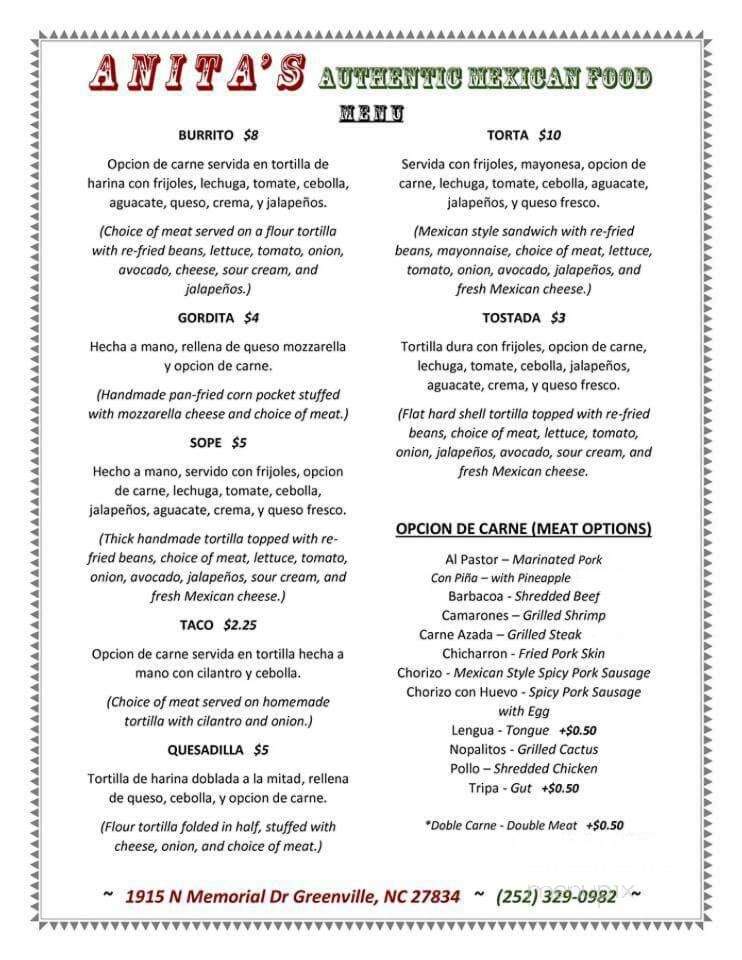 Anita's Mexican Restaurant - Greenville, NC menu_pic