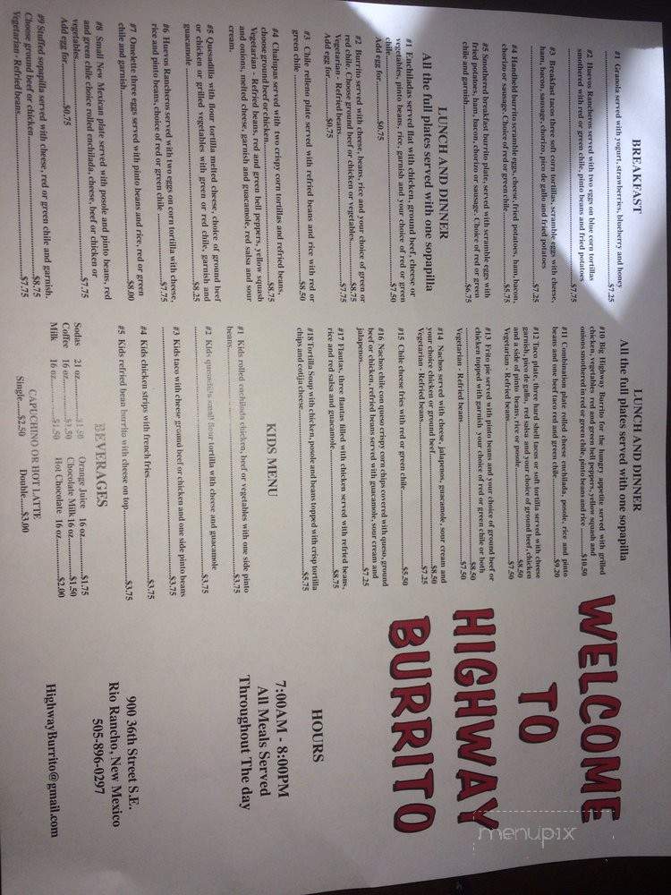 Highway Burrito - Rio Rancho, NM menu_pic