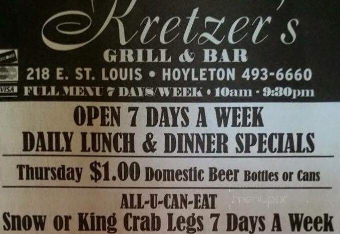 Kretzer's Grill & Bar - Hoyleton, IL menu_pic