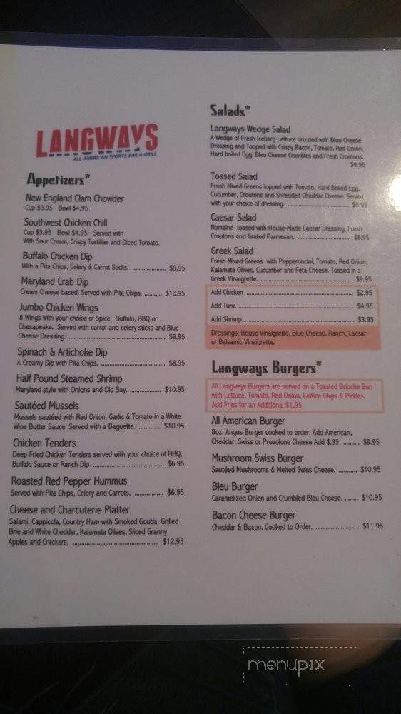 Langway's All American Sports Bar - Gambrills, MD menu_pic
