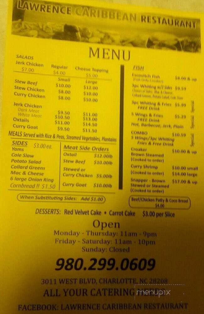 Lawrence Caribbean Restaurant - Charlotte, NC menu_pic
