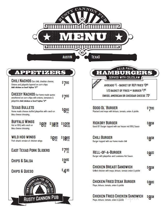 Rusty Cannon Pub - Austin, TX menu_pic