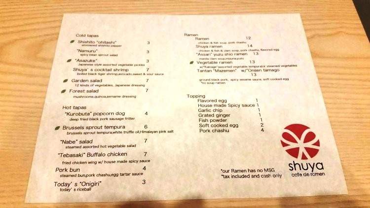 Shuya Cafe De Ramen - Astoria, NY menu_pic