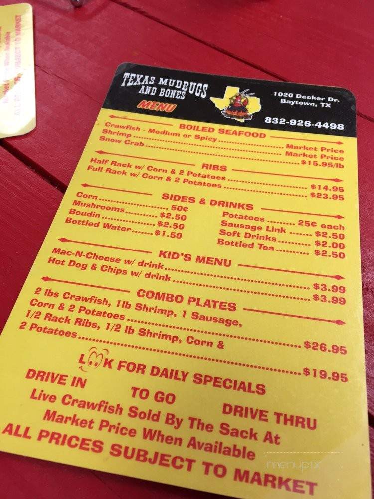 /26237698/Texas-Mudbugs-and-Bones-Menu-Baytown-TX - Baytown, TX