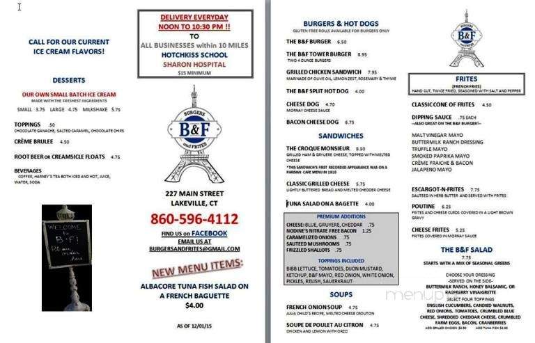 B&F Burgers and Frites - Salisbury, CT menu_pic