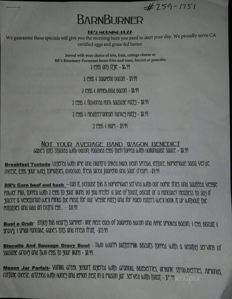 BarnBurner - Rocklin, CA menu_pic