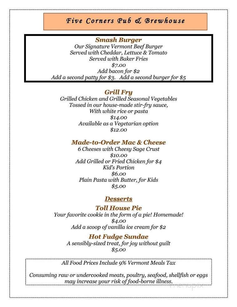 Five Corners Pub & Brewhouse - Plymouth, VT menu_pic