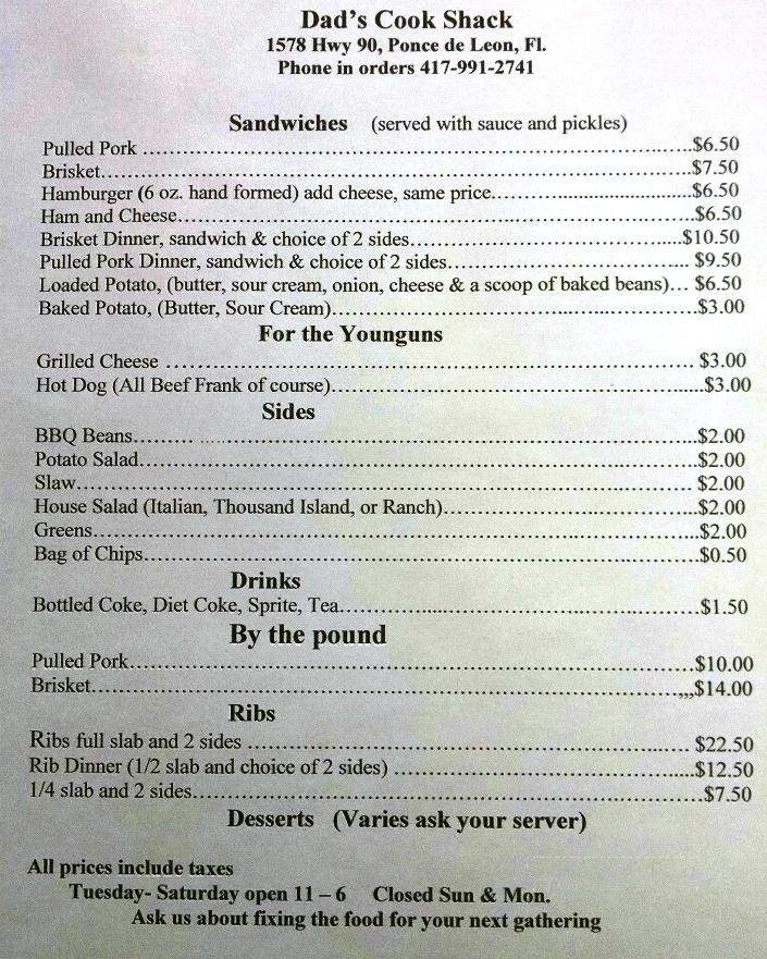 Dads Cook Shack - Ponce de Leon, FL menu_pic
