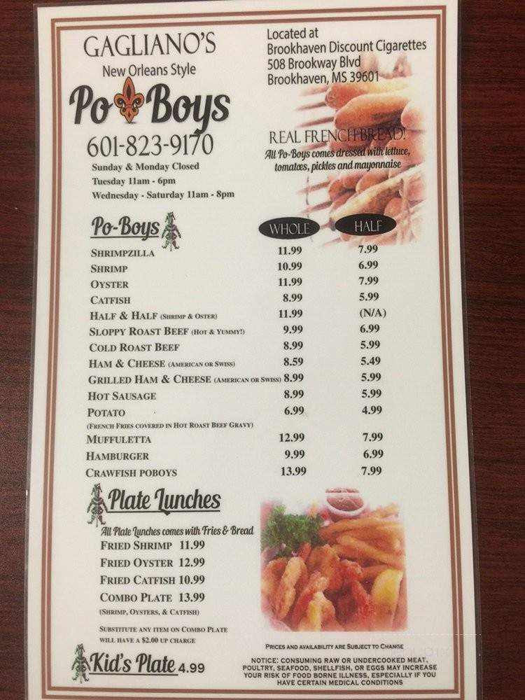 Gagliano's New Orleans Style Poboys - Brookhaven, MS menu_pic